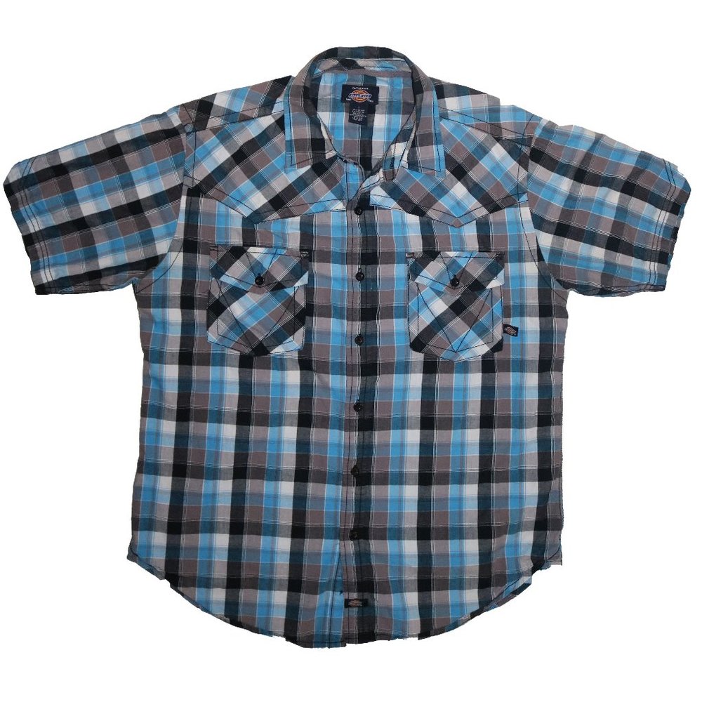 Dickies short sleeve blue plaid western shirt Button down Mens Large